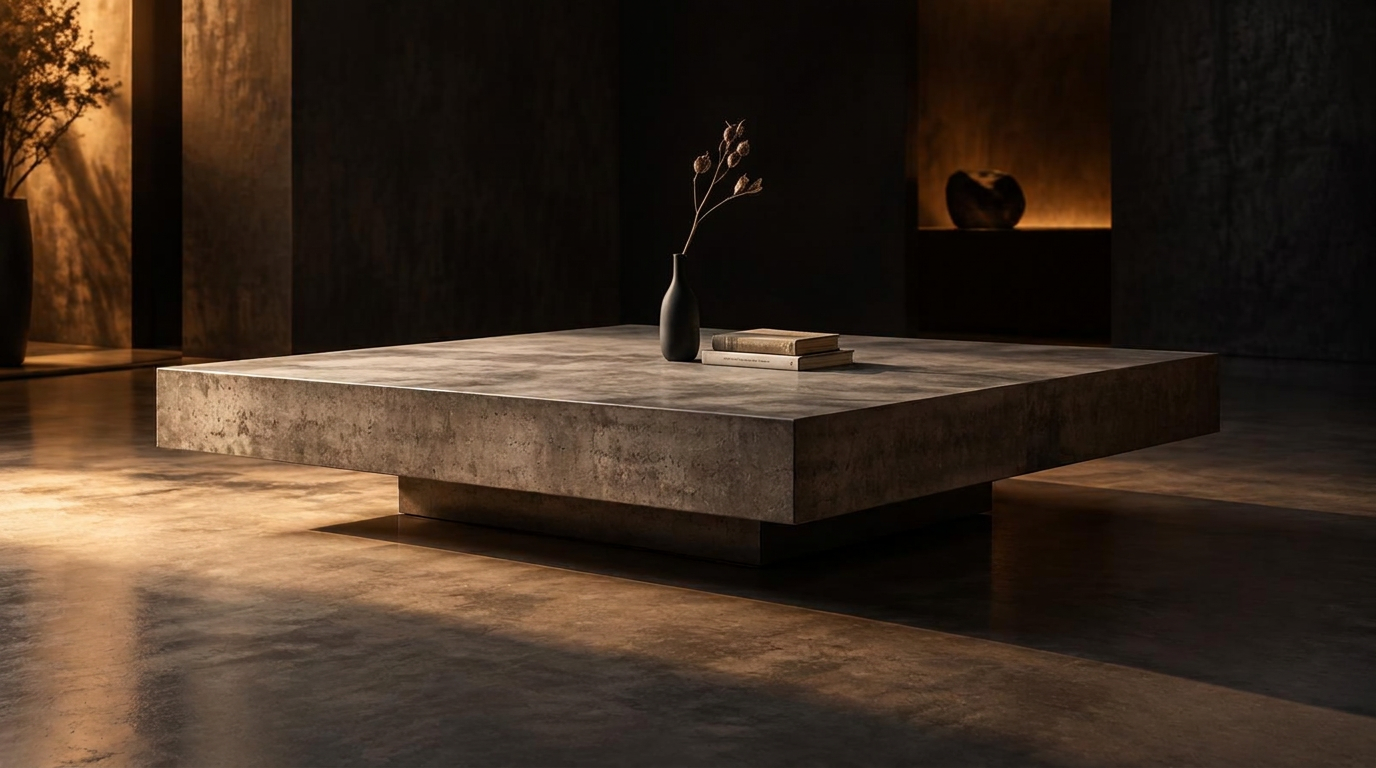 Monolith table in raw concrete with minimalist decor under warm directional light